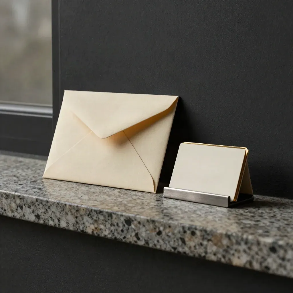 Stone ledge with a portrait sleeve, booking envelope, and card stand in warm editorial light.