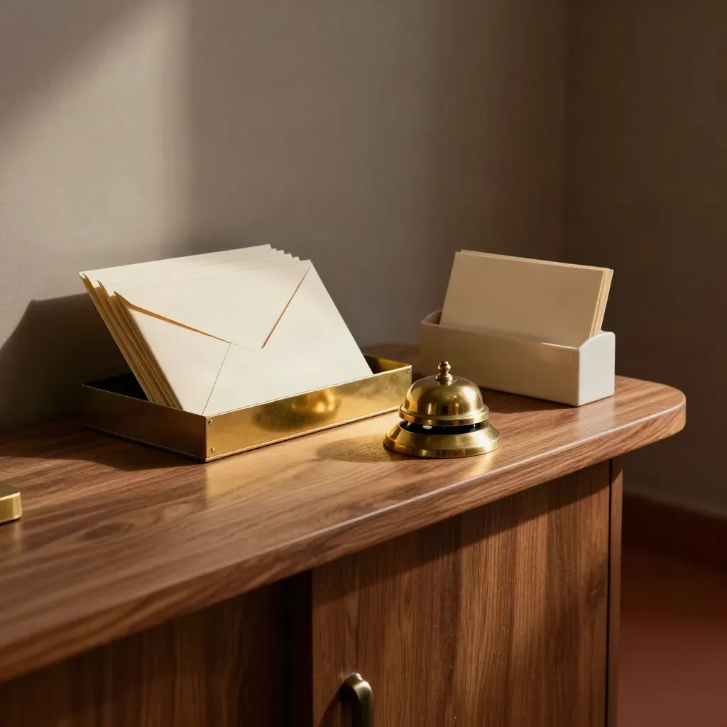 Brass inquiry station with envelopes, tray and bell in a warm terracotta studio nook.
