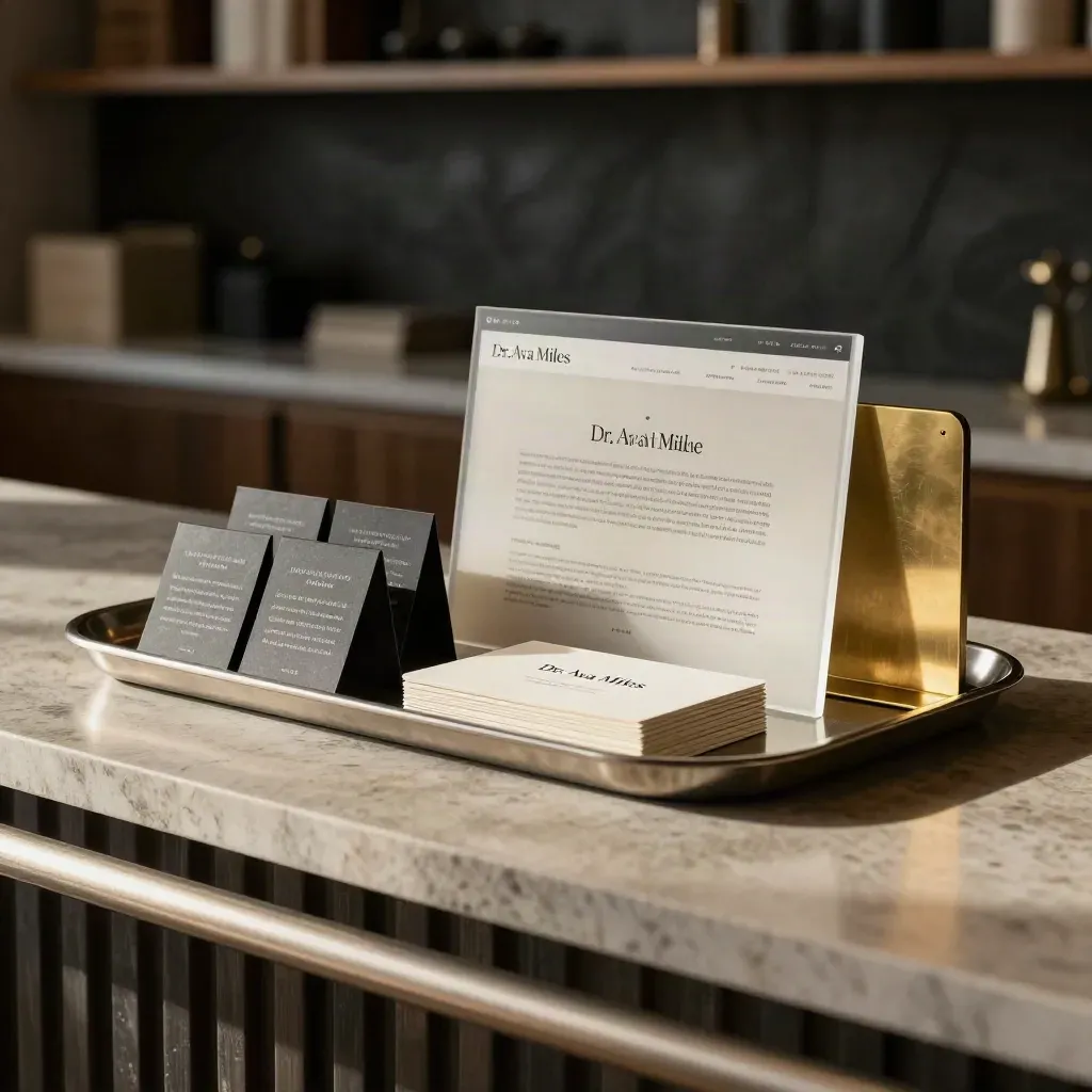 Brass tray with appointment cards and face-down testimonial blocks on a polished reception counter.