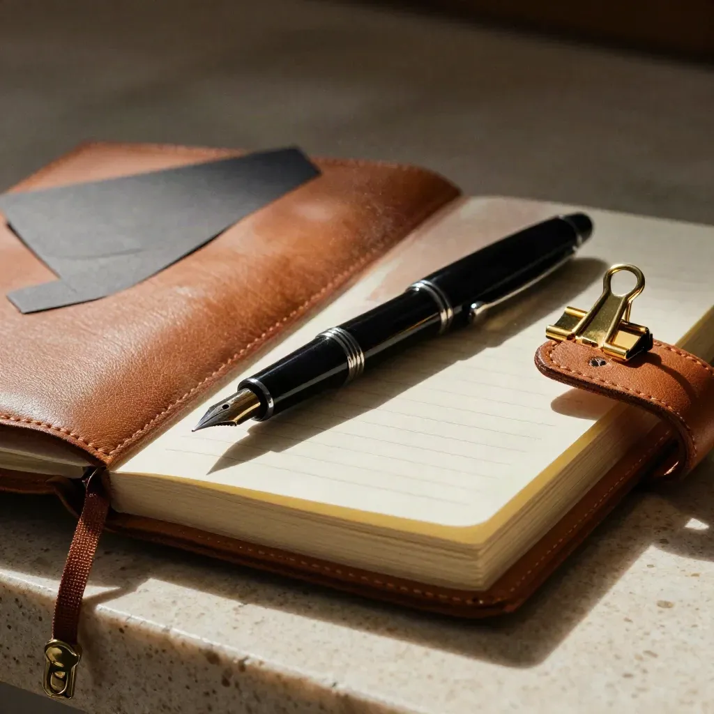 Leather strategy notebook, brass clips and fountain pen on travertine in dramatic side light.