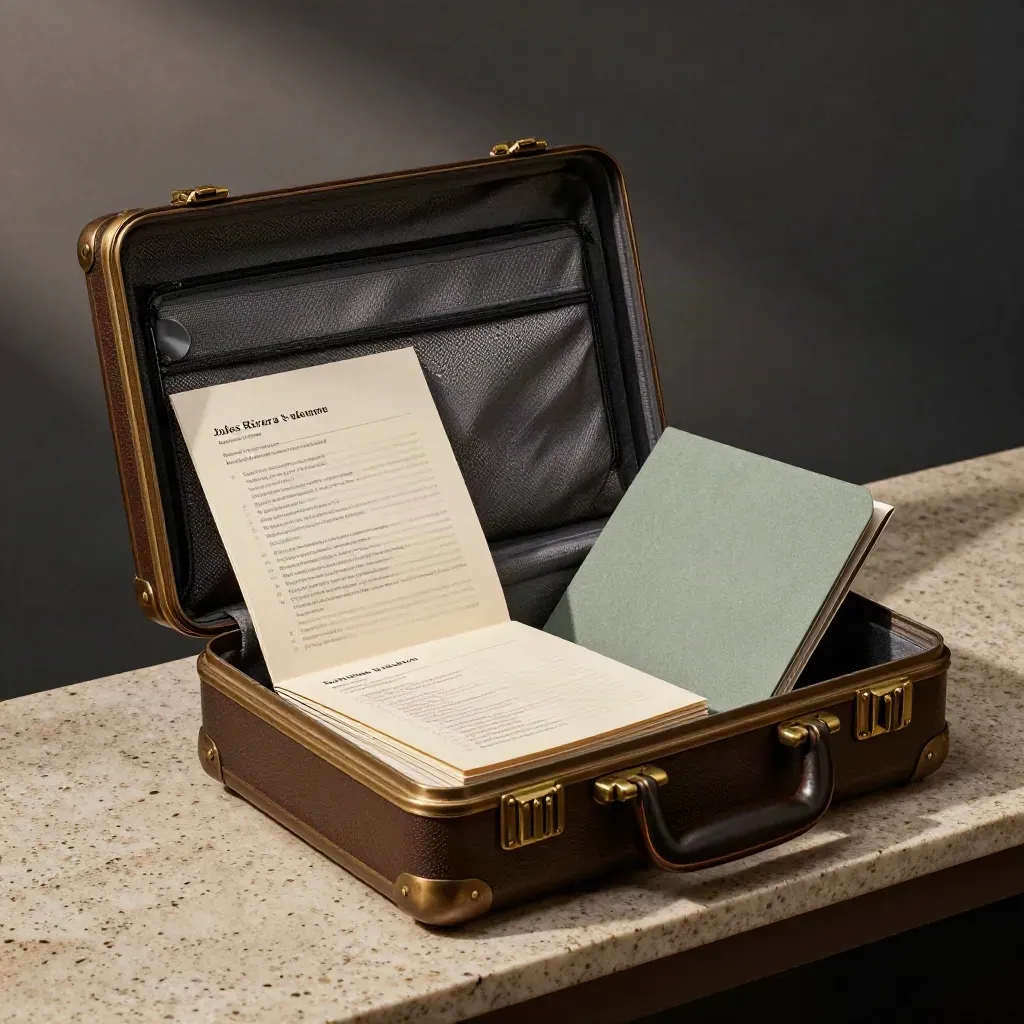 Open travel case with speaker booking kit cards and press portfolio on a travertine bench