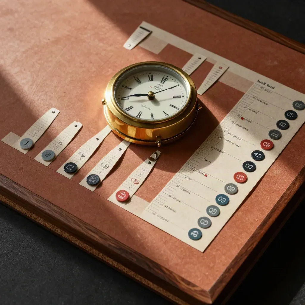 Brass clock, task tokens, and timeline tabs on terracotta planning surface under soft side light.