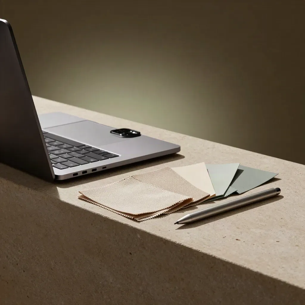 Closed laptop, face-down phone, swatches and stylus on plaster in soft side light.