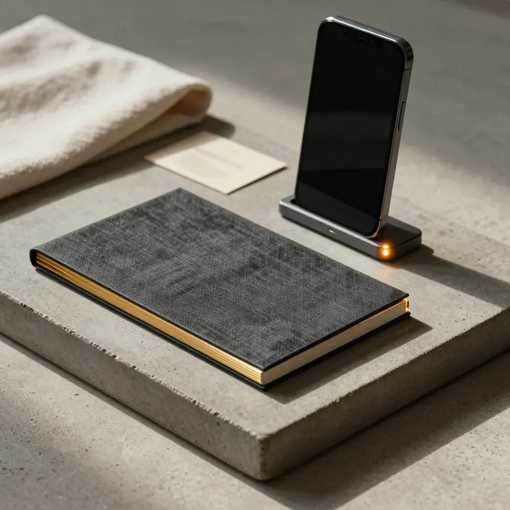 Sealed folio, blank phone dock, and amber status light on a stone tray in soft launch light