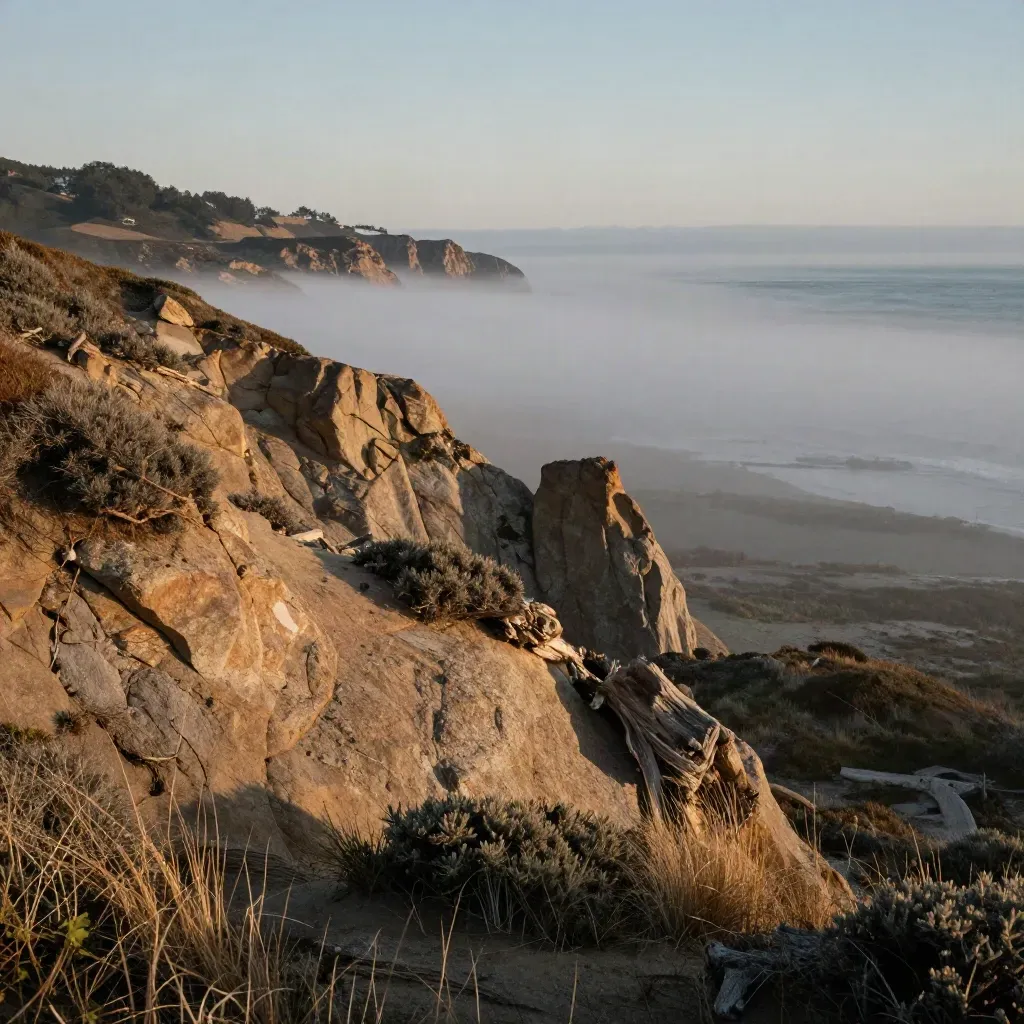Golden West Coast bluff line with sea mist, warm sun and open foggy space for headline copy.