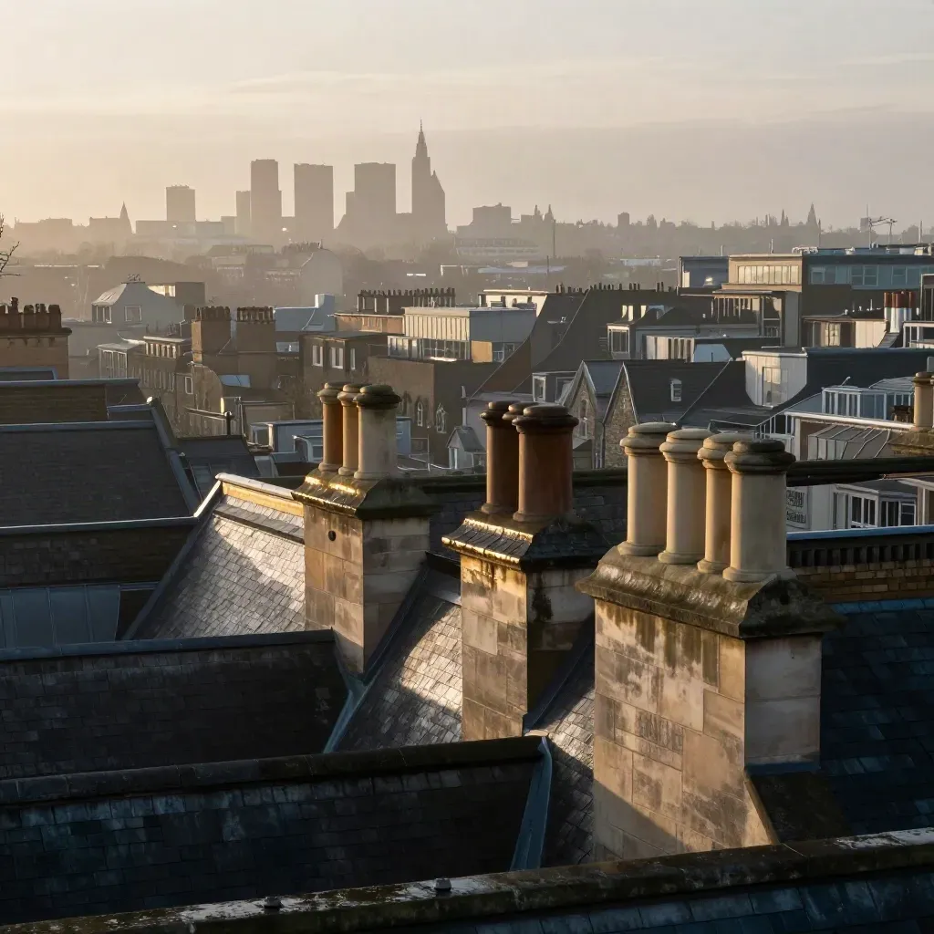 Wet London rooftops and a distant tower line in pale sunrise mist